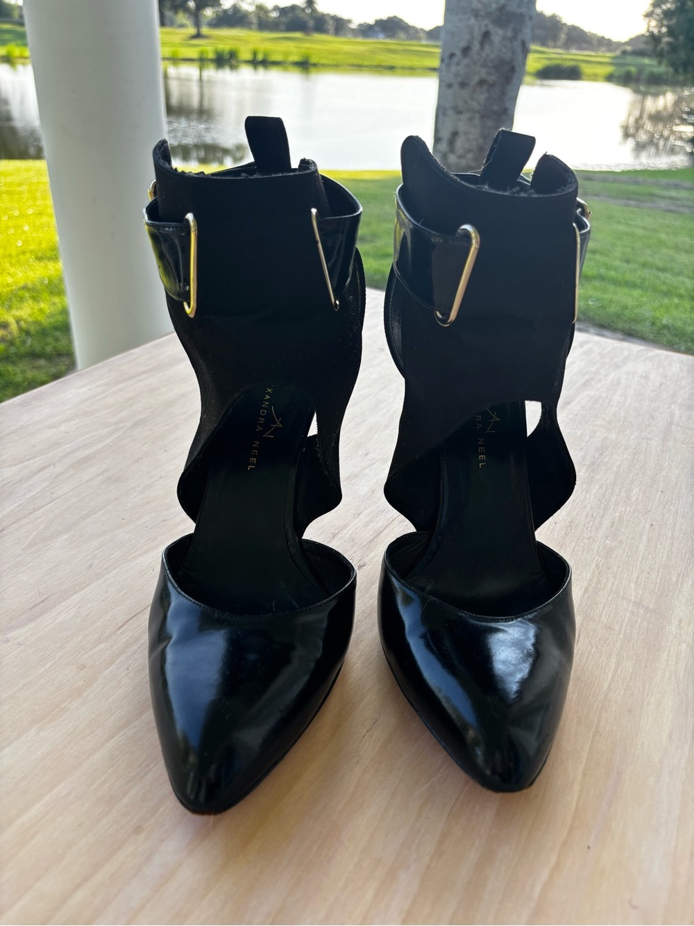 Alexandra Neel Black patent leather Cutout Ankle Strap Pointed Pumps.